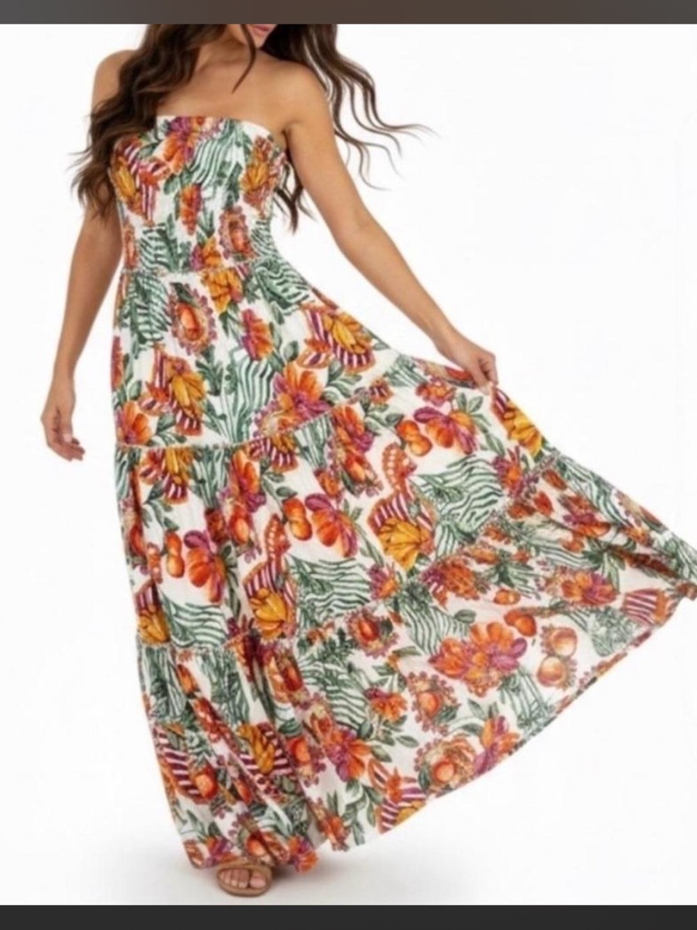 Abel the Label Smocked Floral Tiered Tropical Maxi Dress Resort Wear Beach XL
